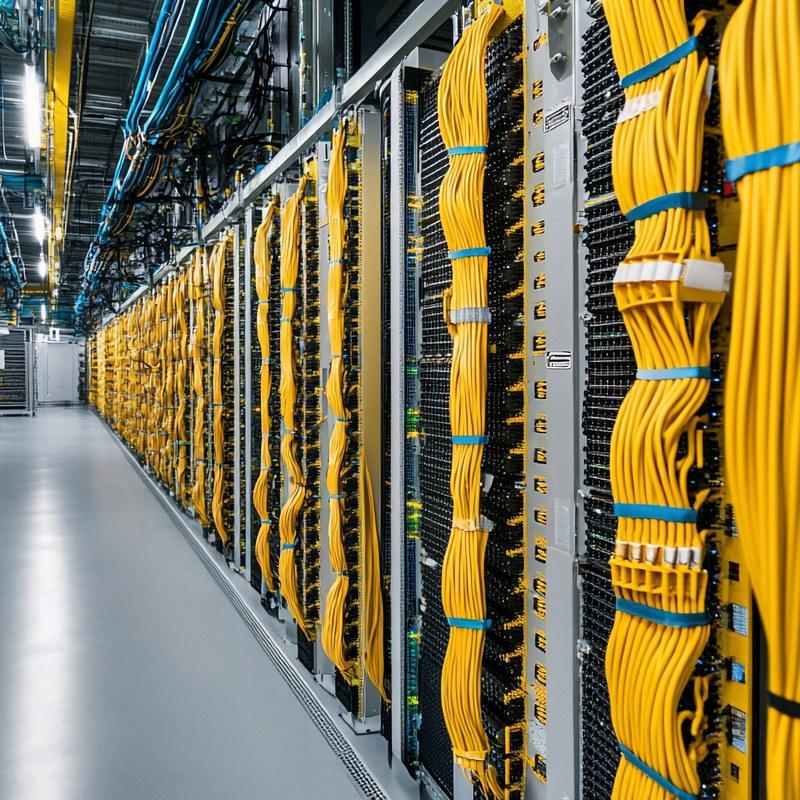 Rows of network cabling in a data centre