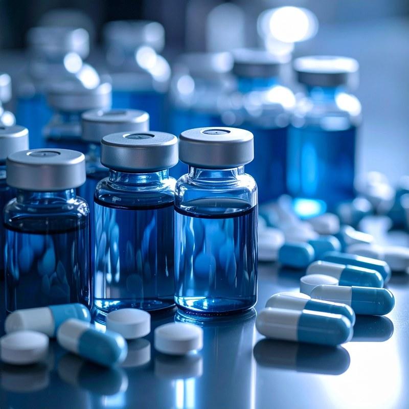 Blue medicine vials and capsules