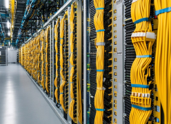 Rows of network cabling in a data centre