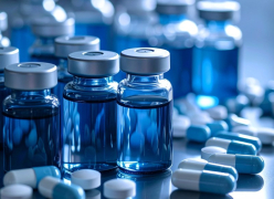 Blue medicine vials and capsules